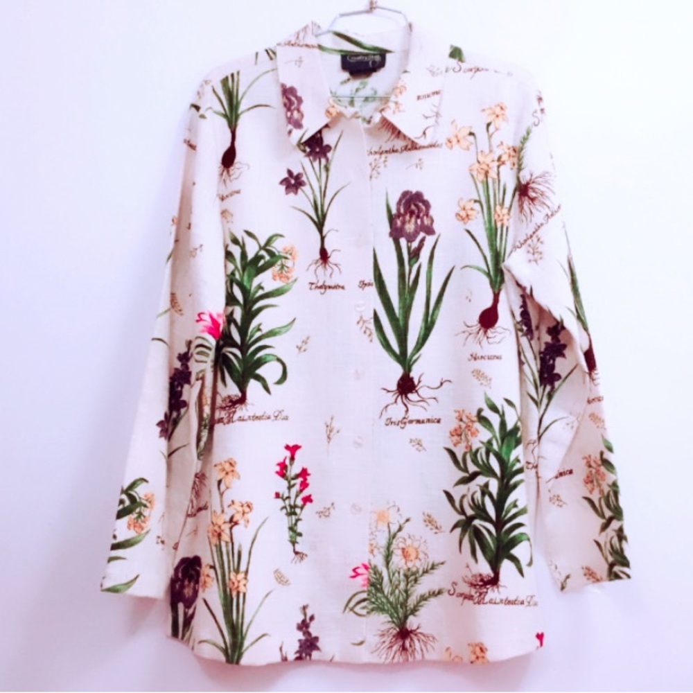 Botanical Art Gardeners Dream Blossoms Herbal Print Oversized Button Down Blouse